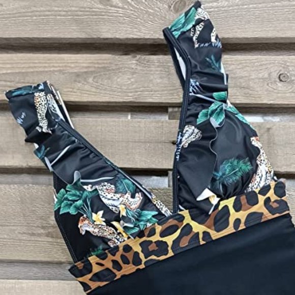 SPORLIKE One Piece V-Neck Ruffle Bathing Suit  🐅  NEW WITH TAG! - Picture 4 of 12